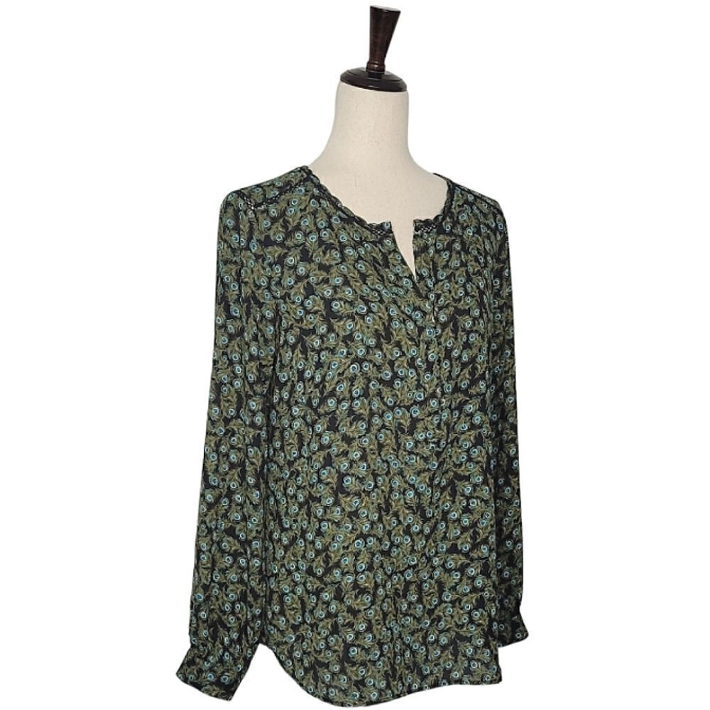 Talbots Black Peacock Feather Print Split Button … - image 2